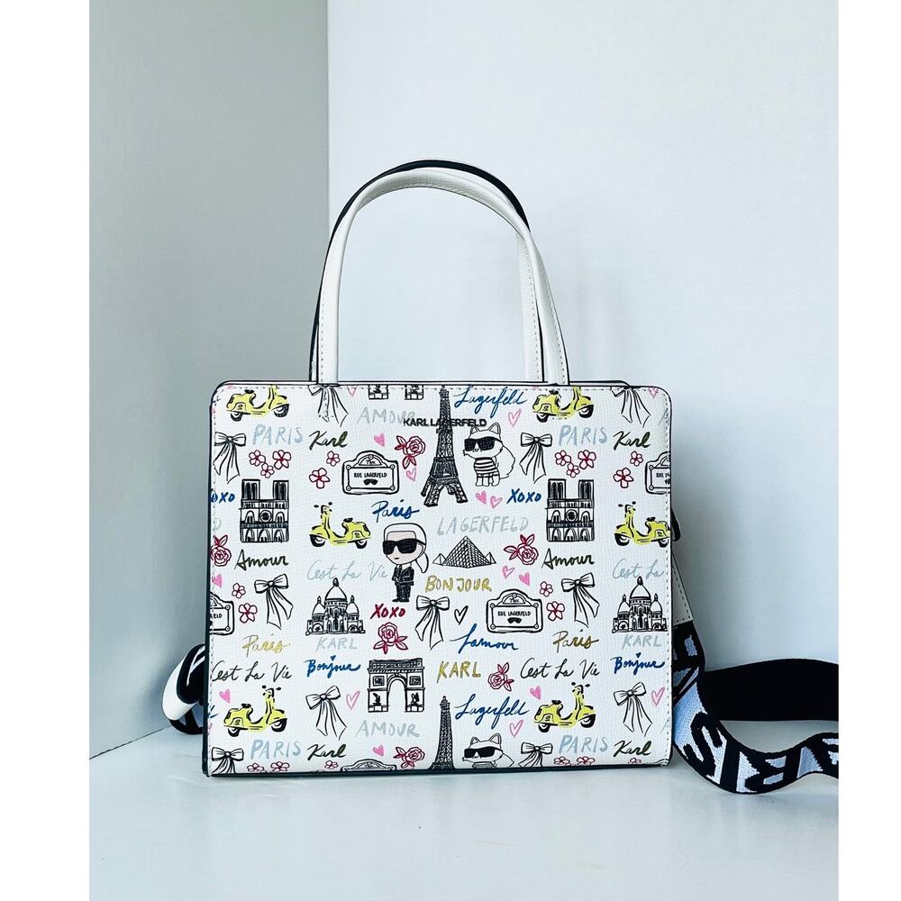 Karl Lagerfeld Maybelle Satchel Ikons Paris Print White Crossbody Bag - Picture 3 of 12